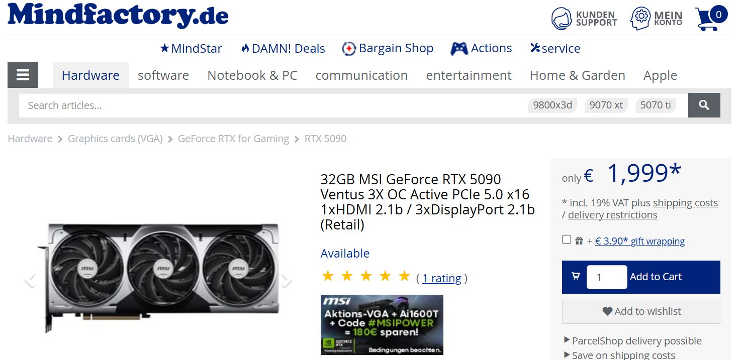 NVIDIA RTX 5090 впервые стала дешевле MSRP в Германии - рынок видеокарт оживает