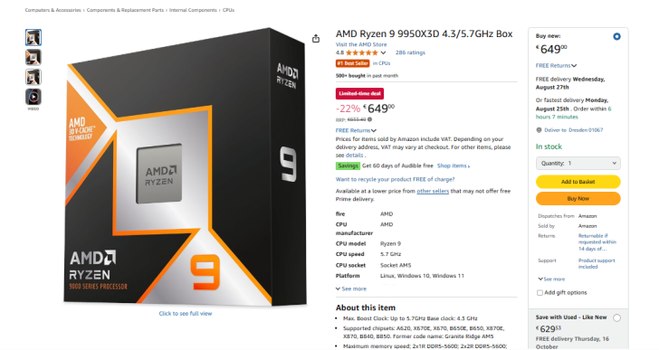 AMD Ryzen 9 9950X3D в Германии продаётся за рекордные €649 AMD Ryzen 9 9950X3D в Германии продаётся за рекордные €649