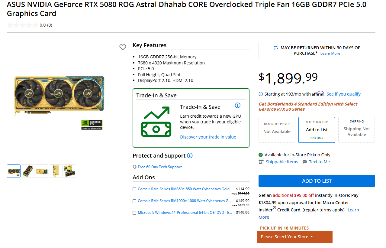 ASUS ROG Astral RTX 5080 Dhahab CORE за $1899 - золотой вид без золота