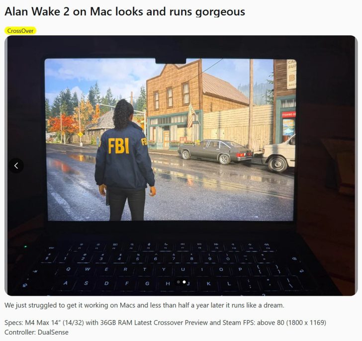M4 Max MacBook Pro тащит Alan Wake 2 через CrossOver M4 Max MacBook Pro тащит Alan Wake 2 через CrossOver